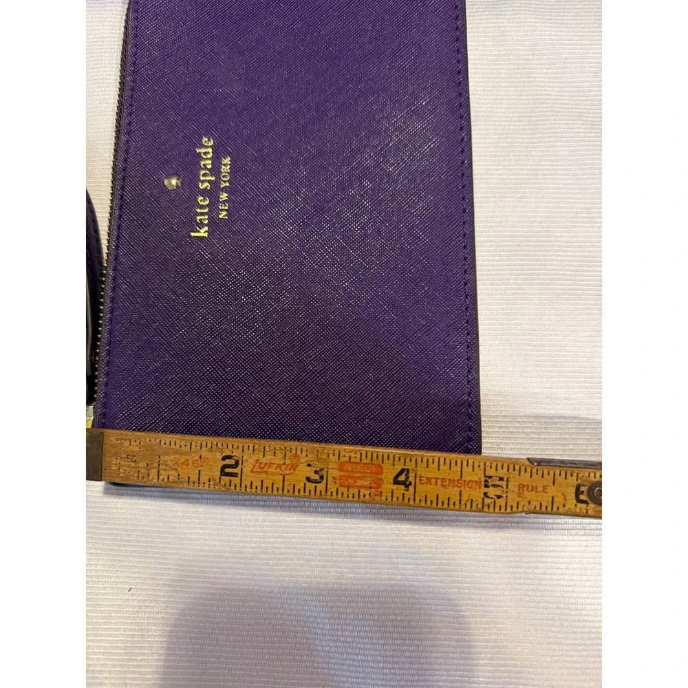 Kate Spade Purple Saffiano Leather Wristlet Pouch Gold Logo Zip Top Small Clutch